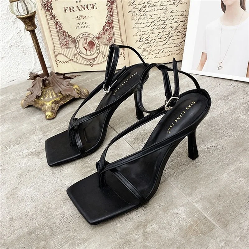 

Square Toe Flip Flop Women Sandals Summer Fashion Strap Buckle Stiletto Sandals Solid Peep Toe Breathable Sandals