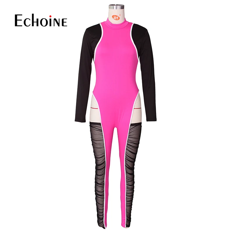 

Echoine Women Mesh Sheer Patchwork Sexy Jumpsuit Night Club Turtleneck Jumpsuits Long Sleeve Skinny Pleated Romper Overalls