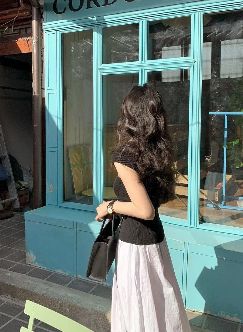 

ZCSMLL women set Square-neck Leaky Clavicle Slim-fit Sweater + High-waist Large-length Long Skirt Women 2021 Spring Summer