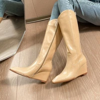 side zipper solid concise wedges boots square toe knee high spring autumn winter new fashion women shoes black yellow long botas