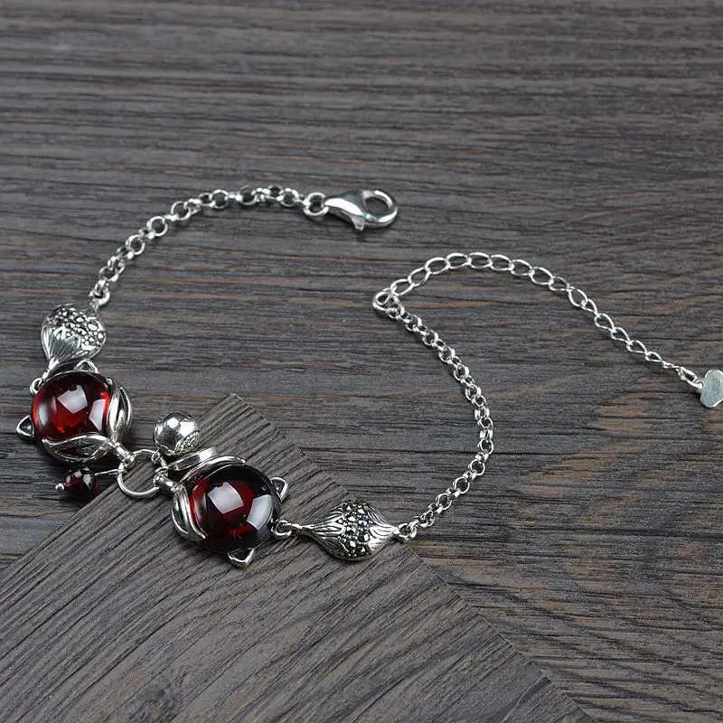 

FNJ Fox Charm Bracelet 925 Silver 17cm +6cm Chain Original Pure S925 Silver Bracelets for Women Jewelry Fine Red Zircon Stone