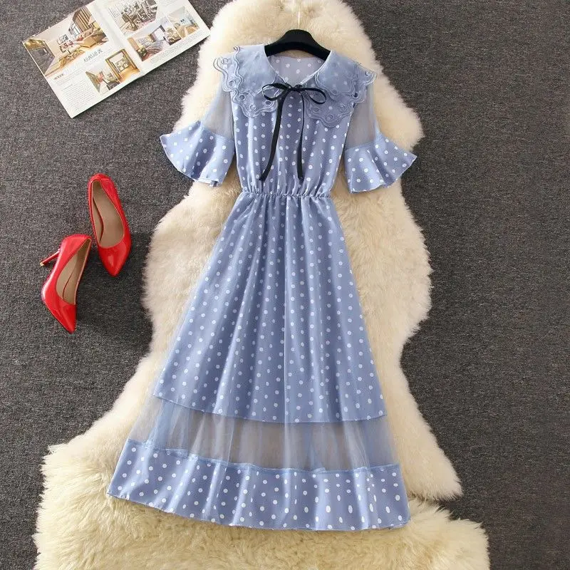 

Women Long Maxi Party Office Korean Dress School 2021 New Summer Fashion Mesh Short Sleeve Doll Collar Polka Dot Dresses Ladies