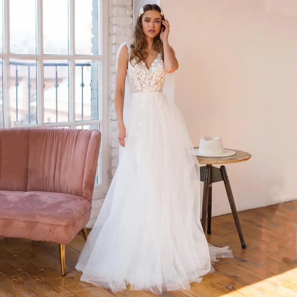 

New Arrival Appliques Lace V-Neck Sleeveless Backless Tulle A Line Wedding Dresses 2021 Boho Bridal Gown vestido de noiva