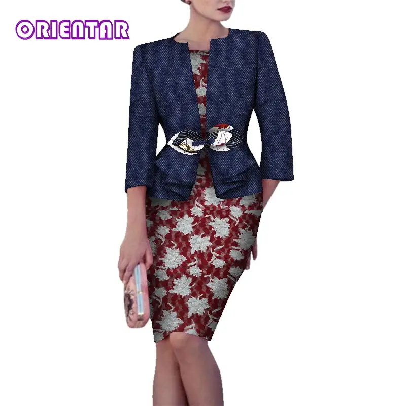 2020 Elegant Women African Dress with Coat Bazin Riche African Print Cotton African Lace Dress Lady Office Short Dresses WY5944