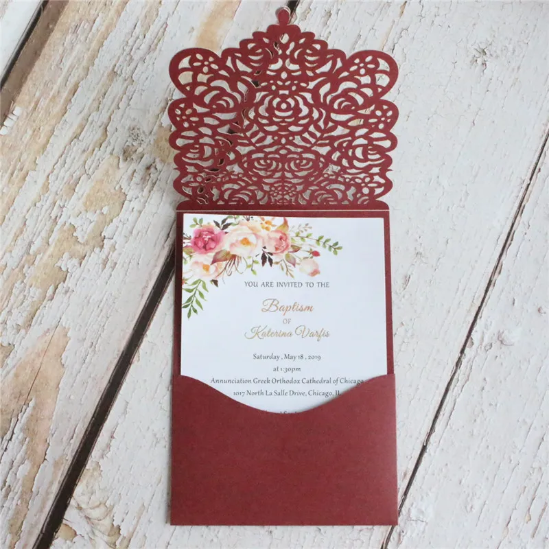 Burgundy wedding card invitation rustic rose bridal invite pocket customized design printing 50pcs | Дом и сад