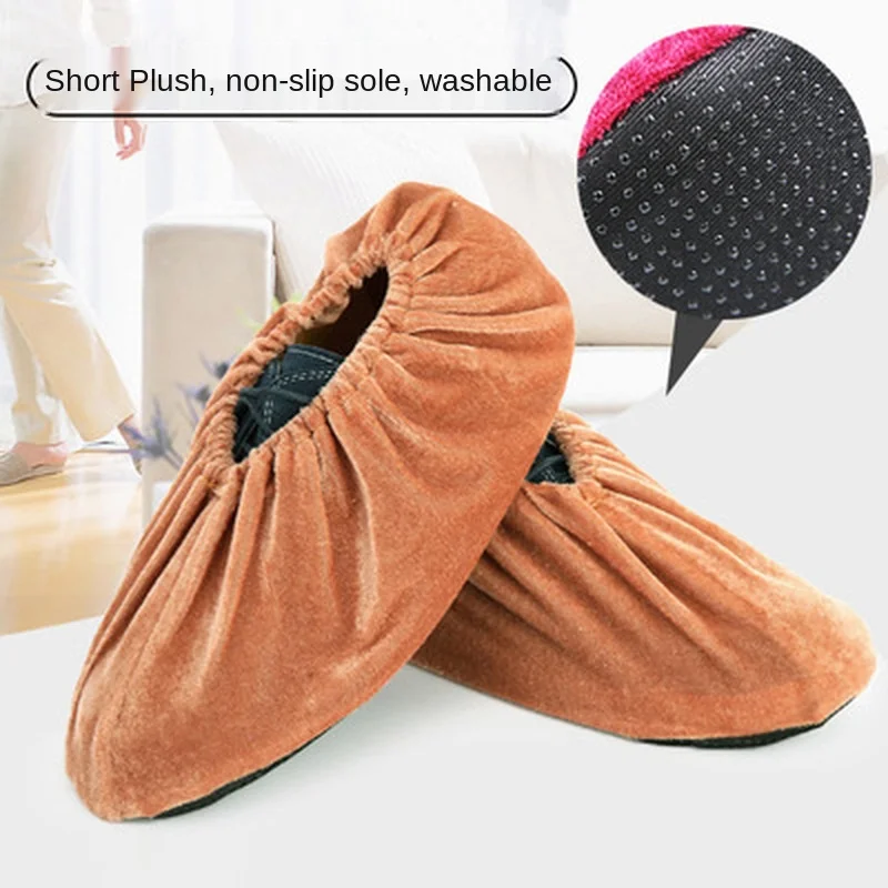 

Flannelette shoe cover household fabric washable adult thickened non-slip wear-resistant non-disposable foot cover