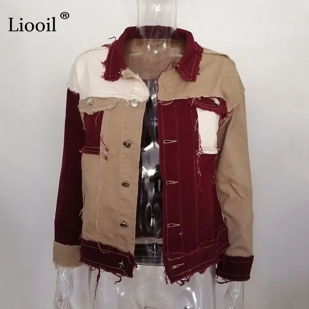 

Liooil Patchwork Denim Loose Coats And Jackets Women Fall Winter Streetwear Color Block Jacket Button Up Pockets Sexy Thin Coat