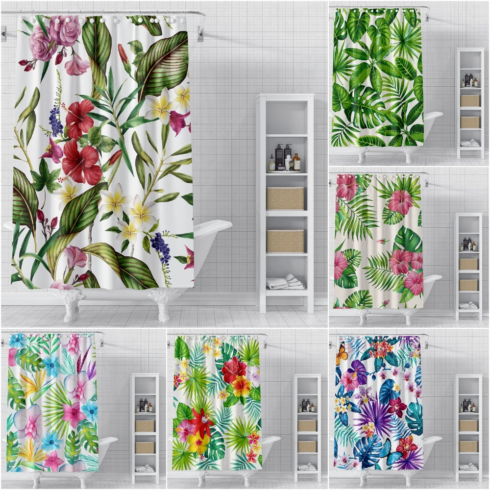 

Green Leaves Pattern Shower Curtain Fabric Waterproof Bathroom Curtains Colorful Flowers Bath Curtains For Bathroom With Hooks