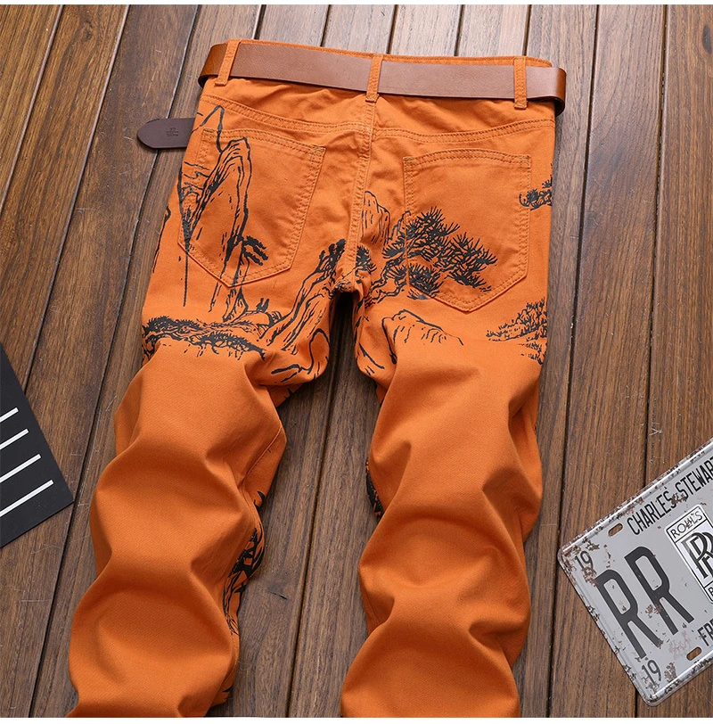 2021 New Men's Pants Fashion Chinese Ink Wash Painting Printed Jeans Tiger Slim Fit Stretch Denim Trousers 30-38