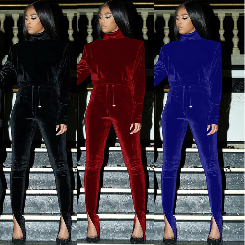 

Европейский и американский женский золотистый бархатный Модный повседневный комплект из двух предметов с брюками с разрезом