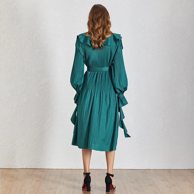

SISPELL Patchwork Ruffle Dress For Girls Lantern Long Sleeve With Belt High Waist Ruched Women's Vintage Dress 2020 Fashion New