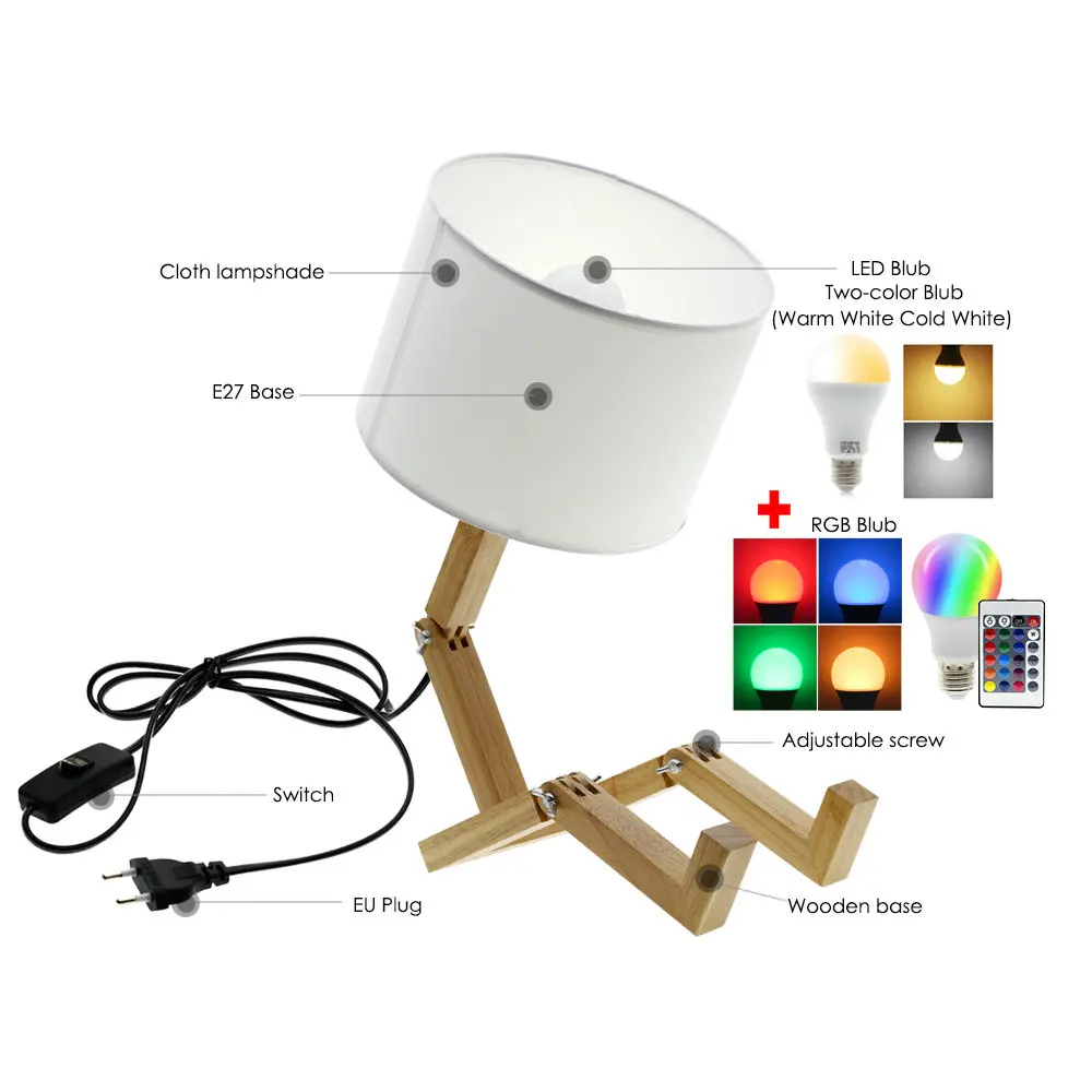 Деревянная Светодиодная настольная лампа в форме робота Складная Настольная с