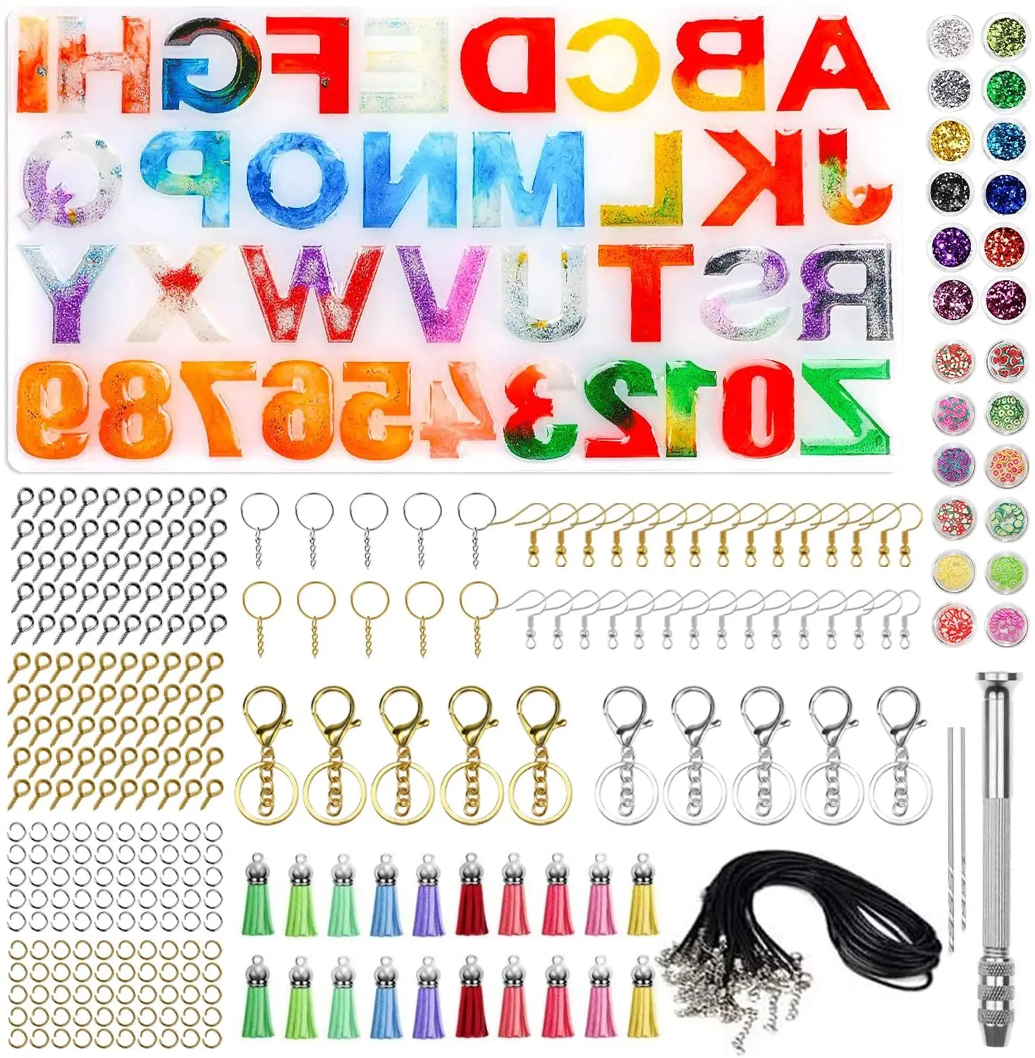 

308 Pcs Silicone Letter Jewelry Pendant Mold Epoxy Epoxy Resin Casting Mold Set Keychain Tassel And Various DIY Accessories
