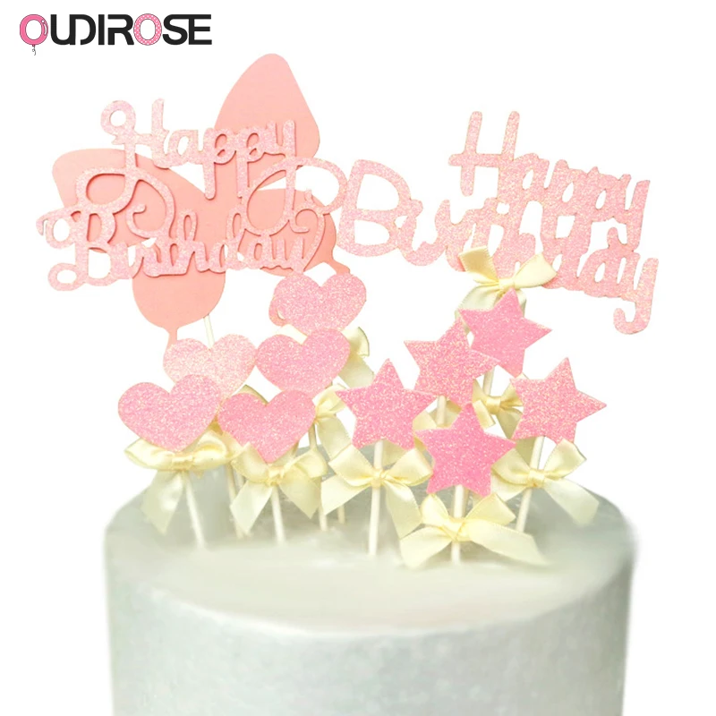 Pink Butterfly Happy Birthday Cake Toppers Bow-knot Heart Star Paper Cupcake Topper Wedding Party Decor Supplies For Bridal Gift | Дом и сад
