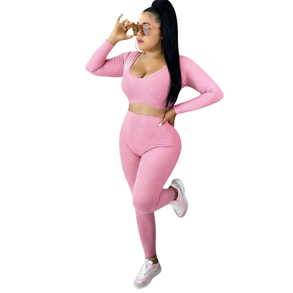 

New Style Women Sexy Fashion Set Casual Solid Color Long Sleeves Tight Elastic Sport O-neck Crop Top Leisure Two Piece Set