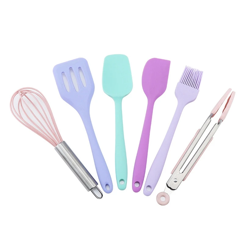 

Color Silicone Kitchenware 6-Piece Set Oil Brush Whisk Cream Spatula Baking Scraper Whisk Oil Brush Food Tong Baking Tools