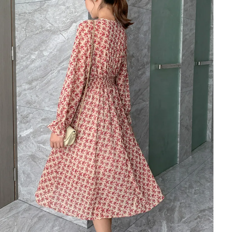 

XIBUSANA Fashion V-neck Floral Print Long Dress Autumn Women Chiffon Dress Long Sleeve Slim Waist Casual Female A-line Dresses