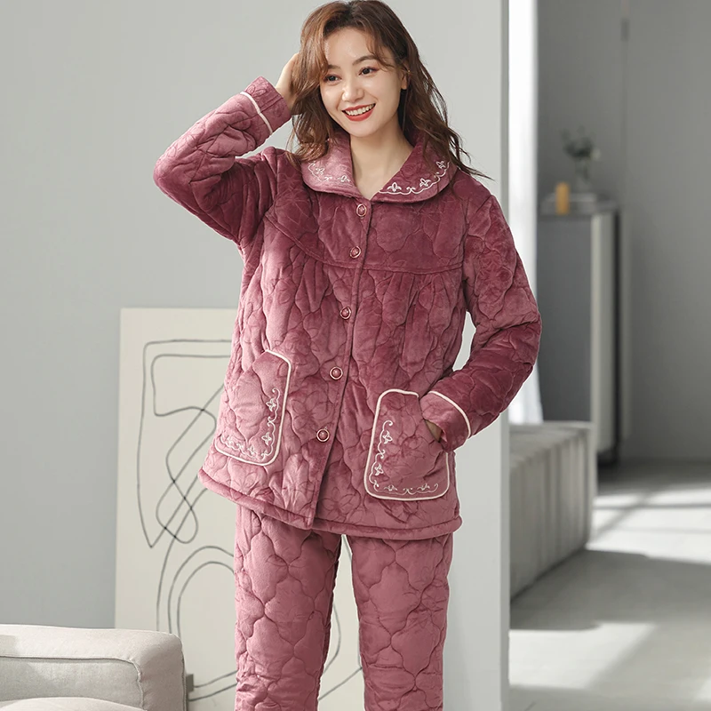 Thick Winter Home Coat 3 Layer Cotton Pyjamas Warm Floral Printing M-3XL Women's Sleepwear New