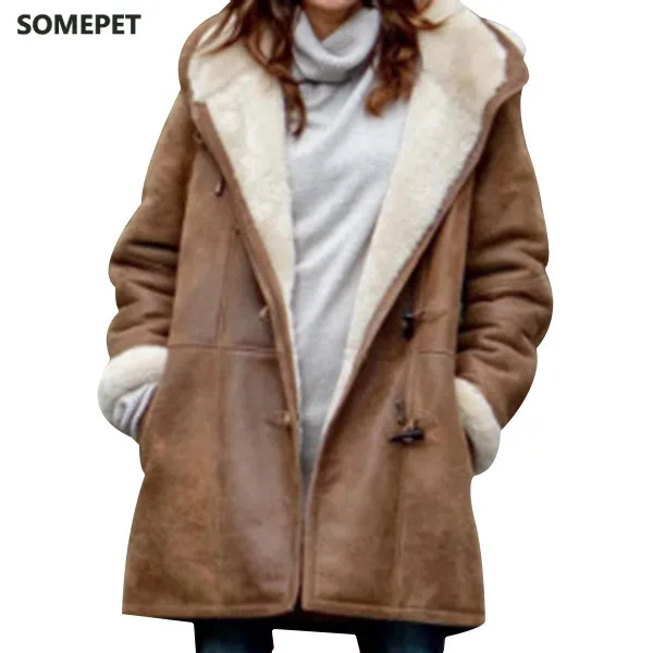 

Women's Casual Warm Winter Coat New Fashion Women Middle Length Thick Plush Hooded Outwear Jacket Coat