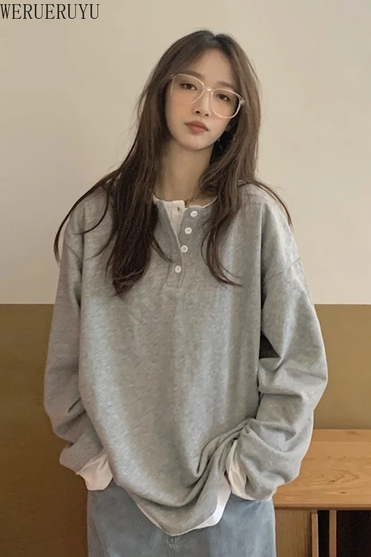 

WERUERUYU Women Fake Two Top Oversized Long Sleeve Spliced Bottoming T-Shirt Spring Autumn Loose Shirt
