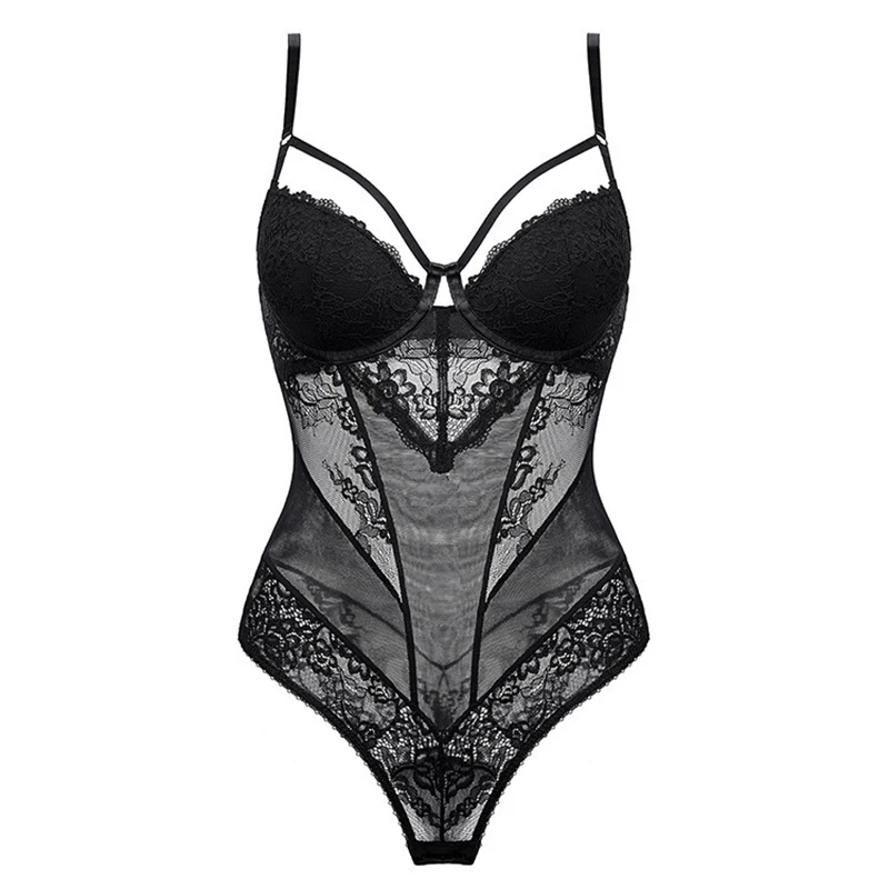 

Deep V Sexy Bodysuits For Women Hollow Out Embroidery Lace Thick Padded Push Up Bustier Corset Female Lingerie Shapewear Black