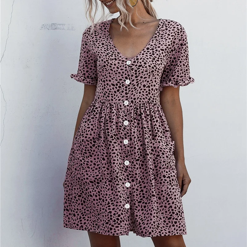

Women's Leopard Print Buttoned Dress Bohemian Short Sleeve Pleated Mini Dress
