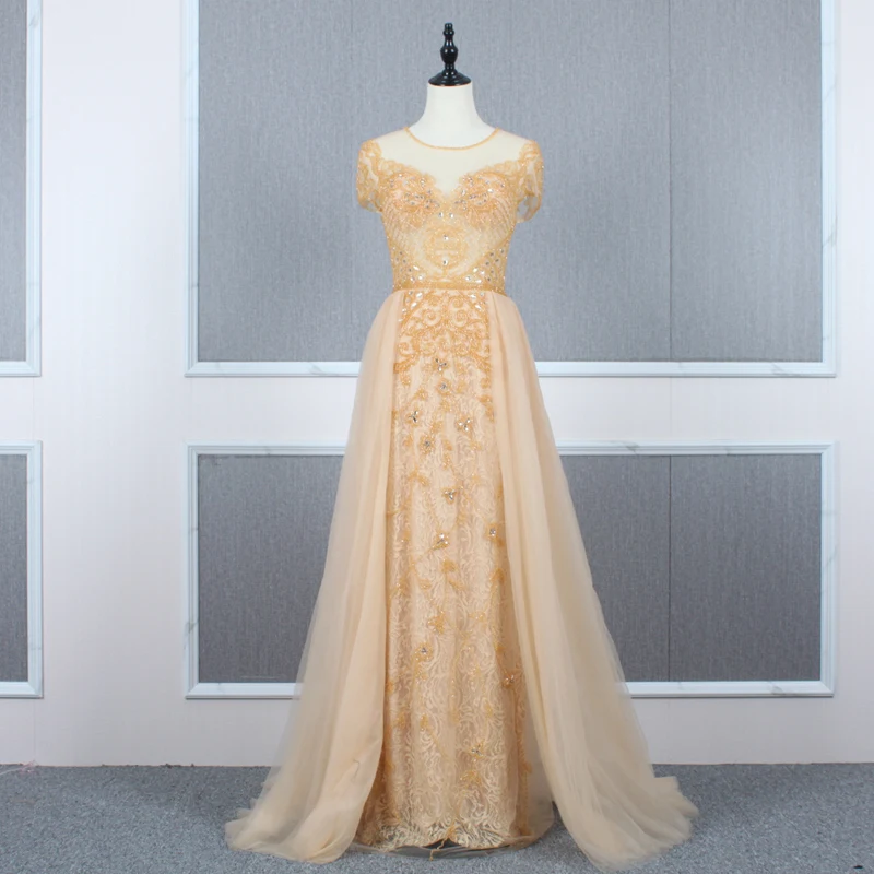 Luxury Real Image Red Gown Beaded Crystals Sheer O Neck Short Sleeves Lace Evening Dress with Tulle Overskirt