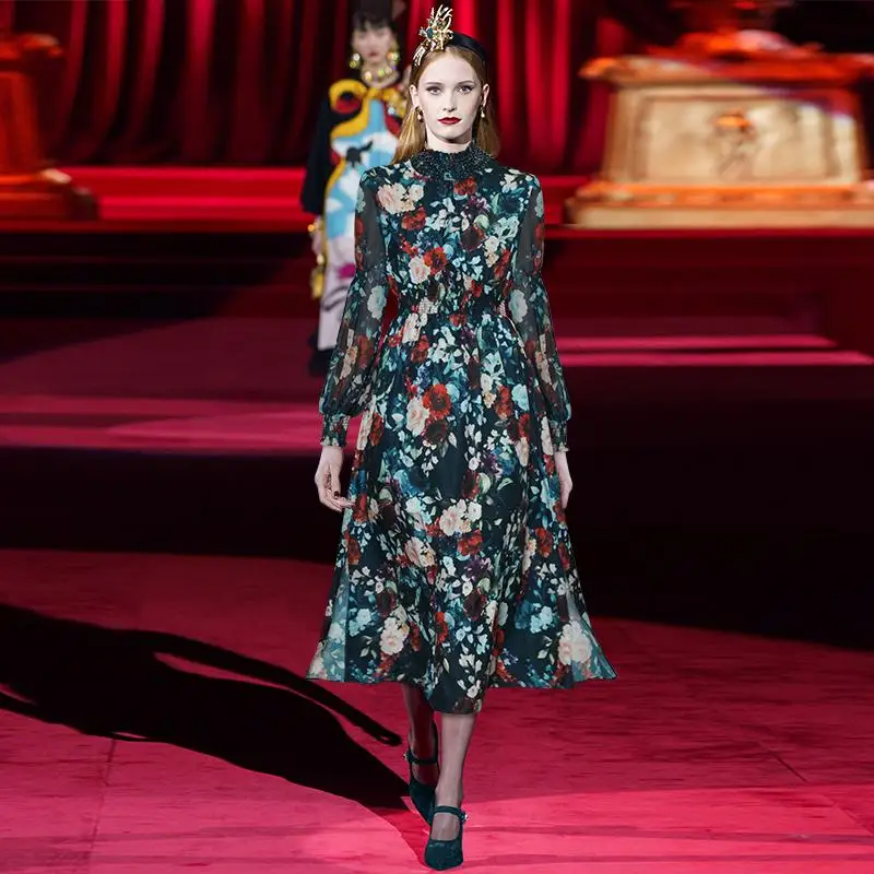 

Fashion Designer famous brand high quality Runway Beaded Stand collar Long sleeve Elastic waist Floral-Print Vacation Dresses