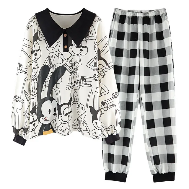 

YRRFUOT 2021 Girl Pajamas Set Graffiti Cartoon Knitted Cotton Autumn Long-sleeved Pullover Lapel Plaid Pants Loungewear Suit