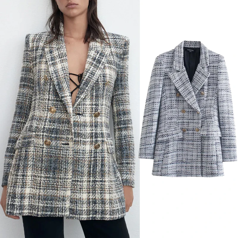 

YMQL Za Tweed Blazer Woman Textured Double Breasted Blazer Women Autumn 2021 Long Sleeve Jacket Winter Female Blazers Coat