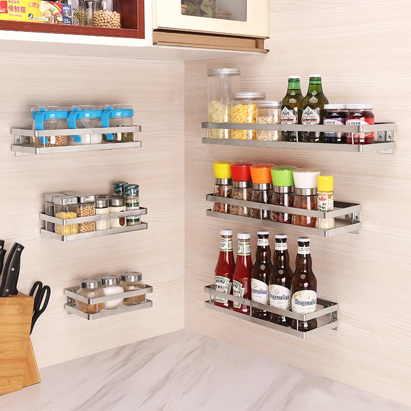 

20/25/30/35/40/50cm Storage Seasoning Rack Punch-free Kitchen Bathroom Rack Spice Rack Stainless Steel Wall Hanging Corner Shelf