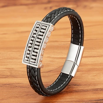 Ancient Abacus Black Leather Men Bracelet - Punk Stainless Steel 2