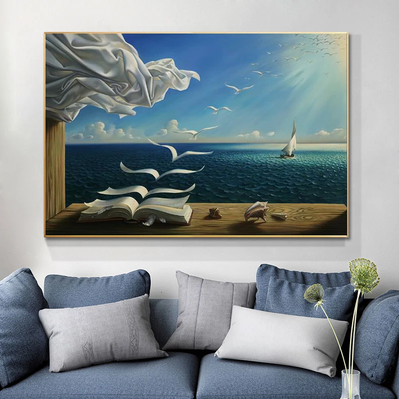 

Salvador Dali Oil Painting The Waves Book Sailboat Wall on Art Canvas Surrealism Poster and Prints Wall Pictures for Living Room