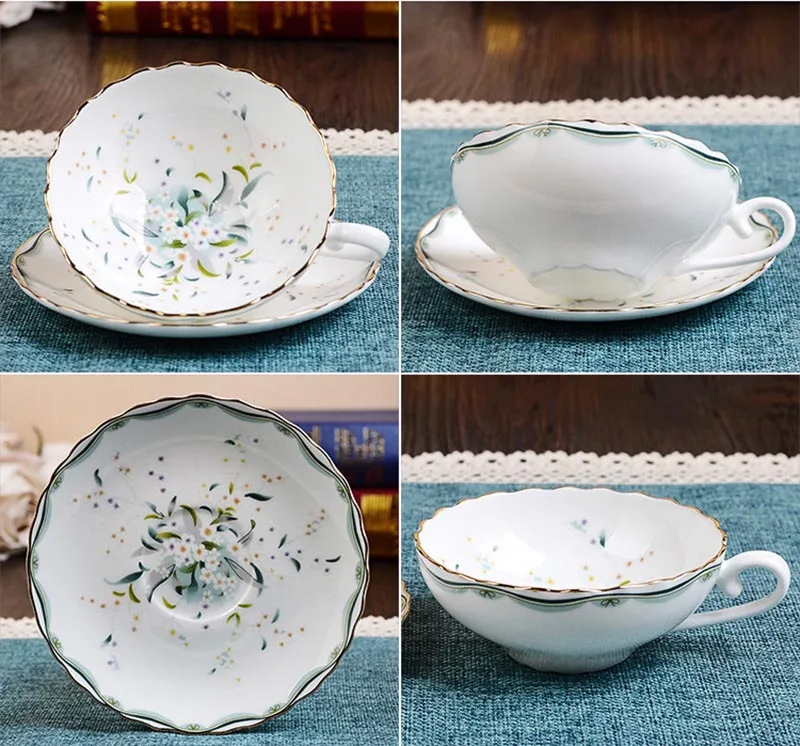 Керамический костяной чайный набор 180 мл с цветами в пасторальном стиле