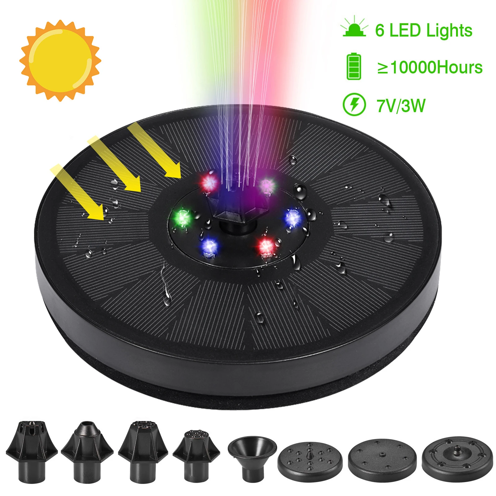 

7V3W Solar Water Fountain With Colorful LED Lights Garden Pond Bird Bath Fountain Is Suitable For Garden, Bird Bath, Pond, Pool