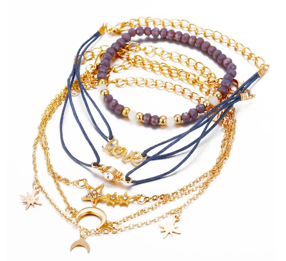 Набор браслетов из бисера веревка металлическая цепочка Шарм с Луной и звездой