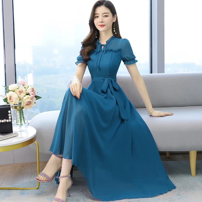 

Spring/summer 2021 new Korean version of large-size chiffon dress short-sleeved temperament slim figure slim mid-length skirt