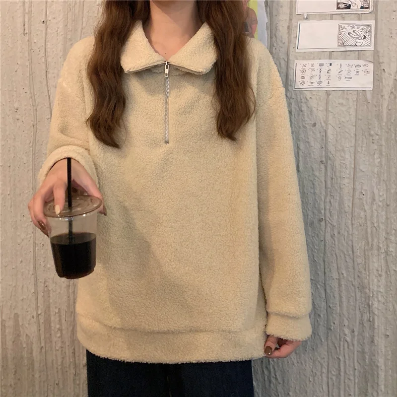 

Alien Kitty Women's Lamb Wool Stand Collar Half Zipper Solid Long Sleeve Sweatshirts Vintage Grey Casual Loose Sweatshirt