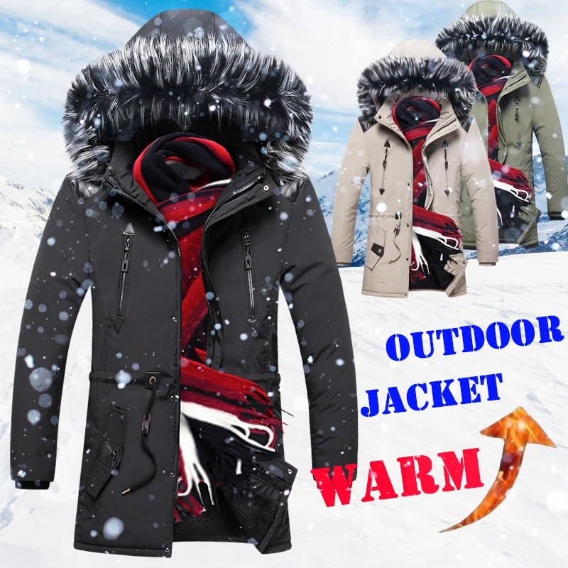 

Thick Warm Winter Jacket Men Fleece Lined Hooded Parka Jacket Mens Fur Collar Coat Veste Dhiver Hommes Long Jacket Coat