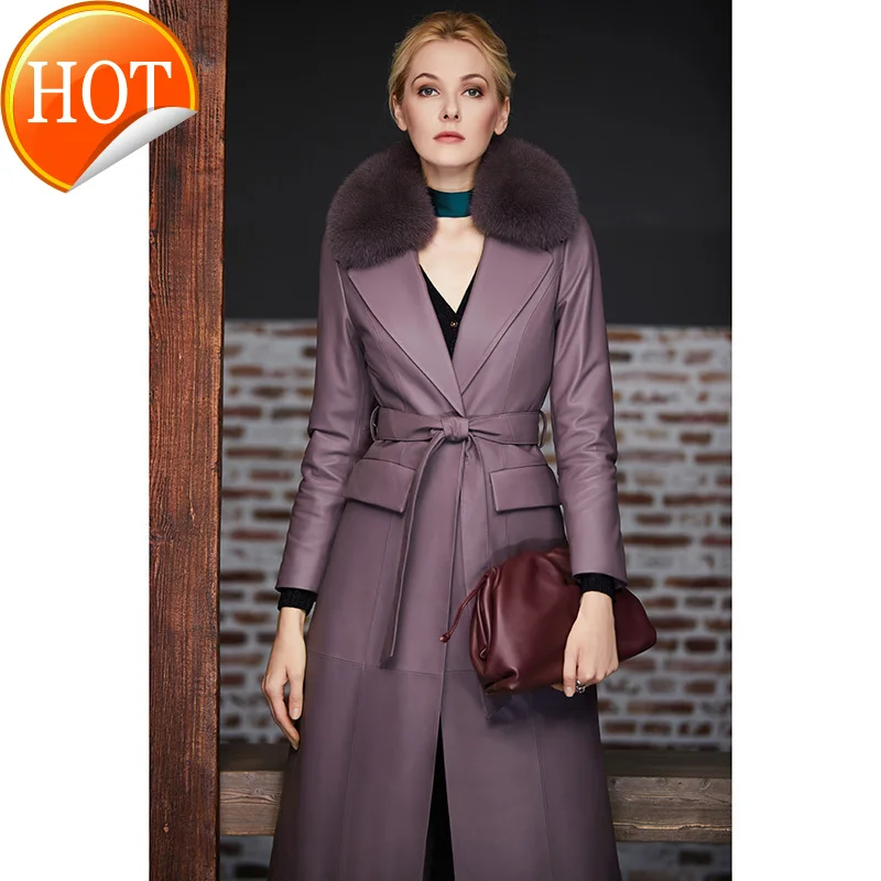 Goede Elegante Vrouw Licht Luxe Vos Bontkraag Slim Fit Medium Lengte Vrouwen Leren Jas Leer Donsjack