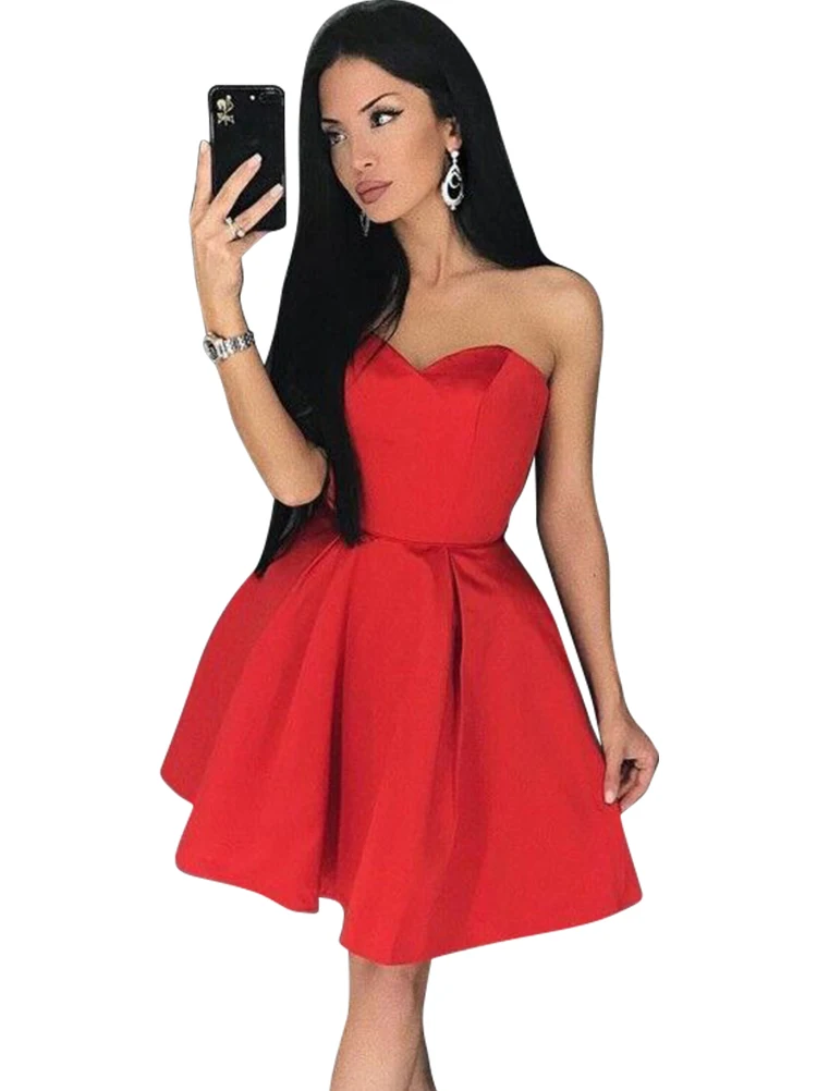 

VKBRIDAL Vintage A-Line Satin Short Prom Graduation Party Gowns Knee Length Red Sweetheart Homecoming Dresses with Pockets