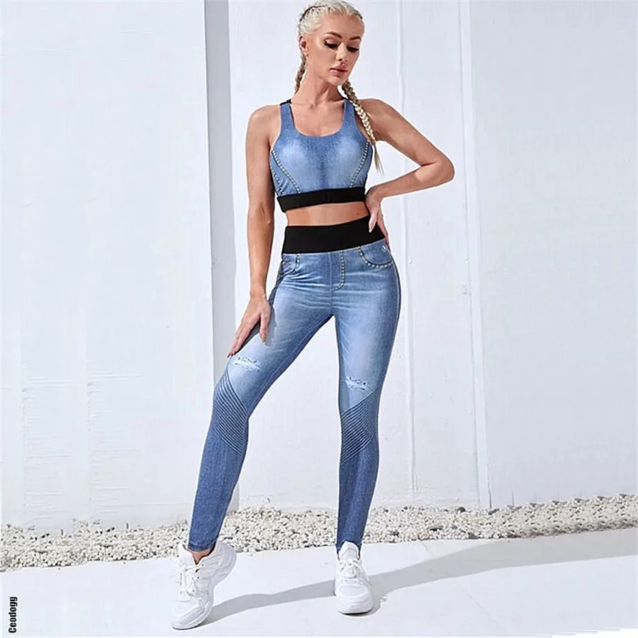 

Большие размеры XL 2022, имитация джинсов, одежда для тренажерного зала, комплект из 2 предметов для йоги, женская спортивная одежда, комплект д...