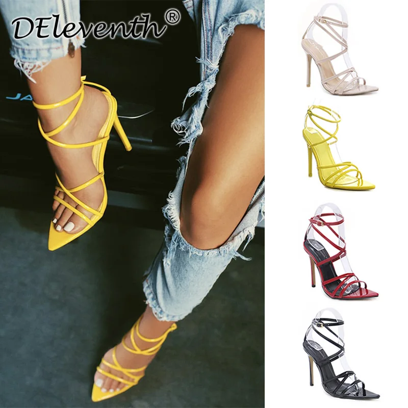 

Super High Heels 11cm Women's Pumps Ankle Cross-strap Sandals Shoes Pointy Open Toe Stiletto High-heeled Party Shoe Large Size