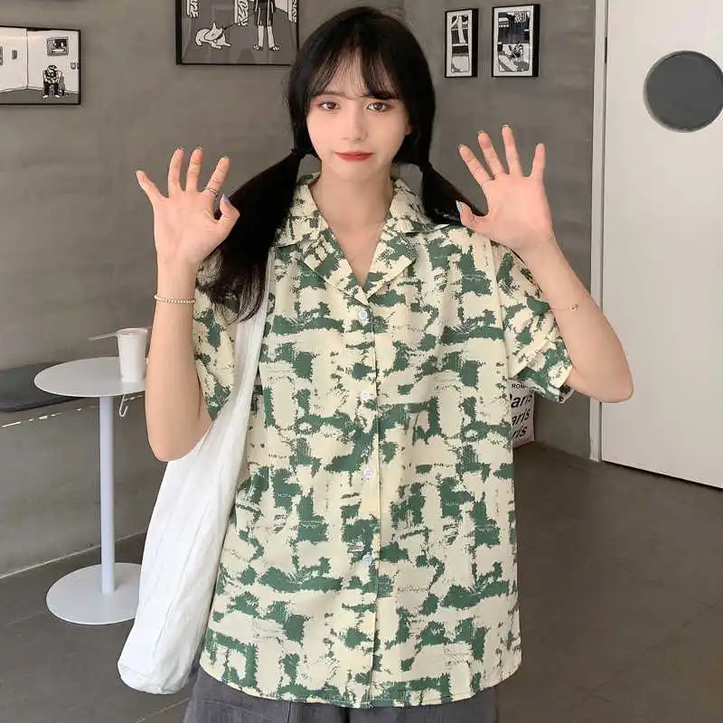 

Real Shot Summer Retro Hong Kong Style Printed Loose Short Sleeve Lining