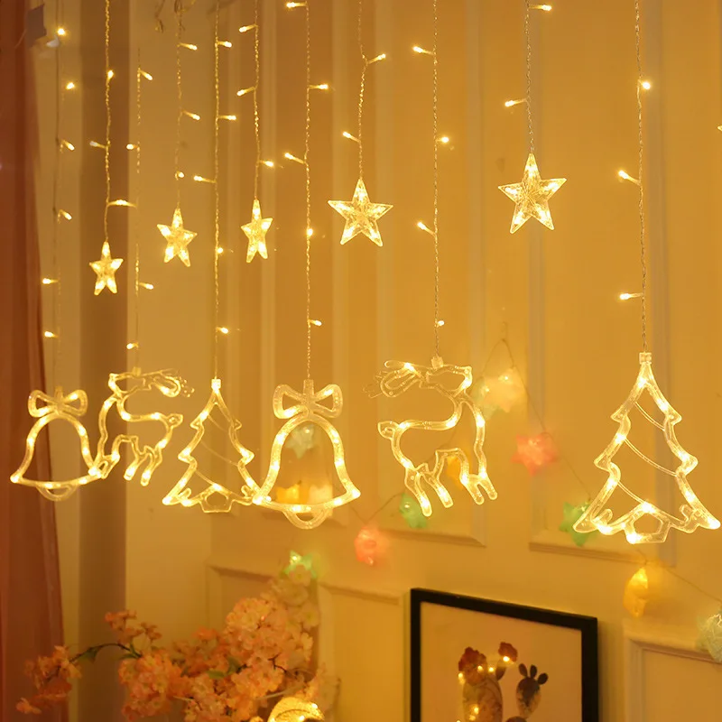 

LED Christmas Lights Holiday Fairy String Curtain Lights Xmas Tree Deer Stars Garland Lighting Window Indoor Outdoor Decor Lamp