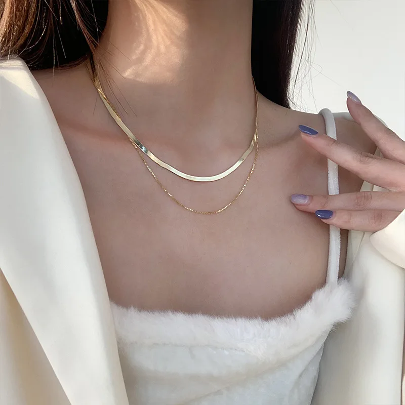 

MEYRROYU Sterling Silver Double-layer Necklace Flat Snake Chain Women Fashion Punk Sexy Chocker 2021 Newly Party Accessories