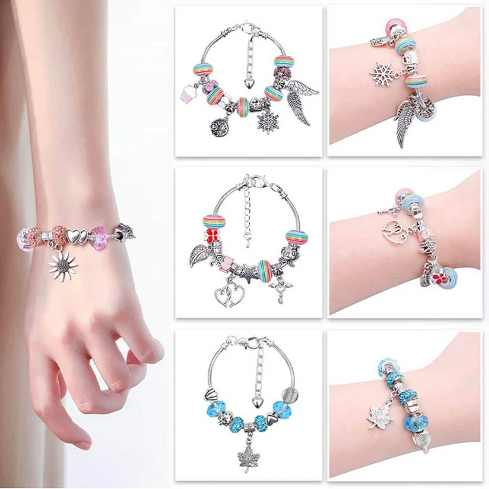 Набор браслетов с подвесками сделай сам 92 шт. Подарочная коробка розового цвета