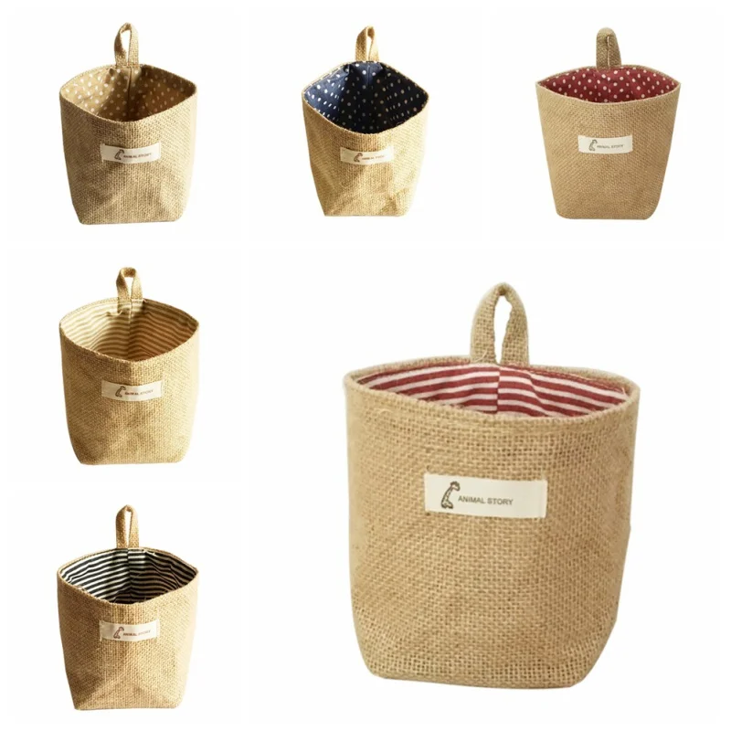 

Collapsible Burlap Storage Basket Home Storage Box Burlap with Cotton Lining Sundries Basket Mini Desktop Storage Bag Hanging Ba