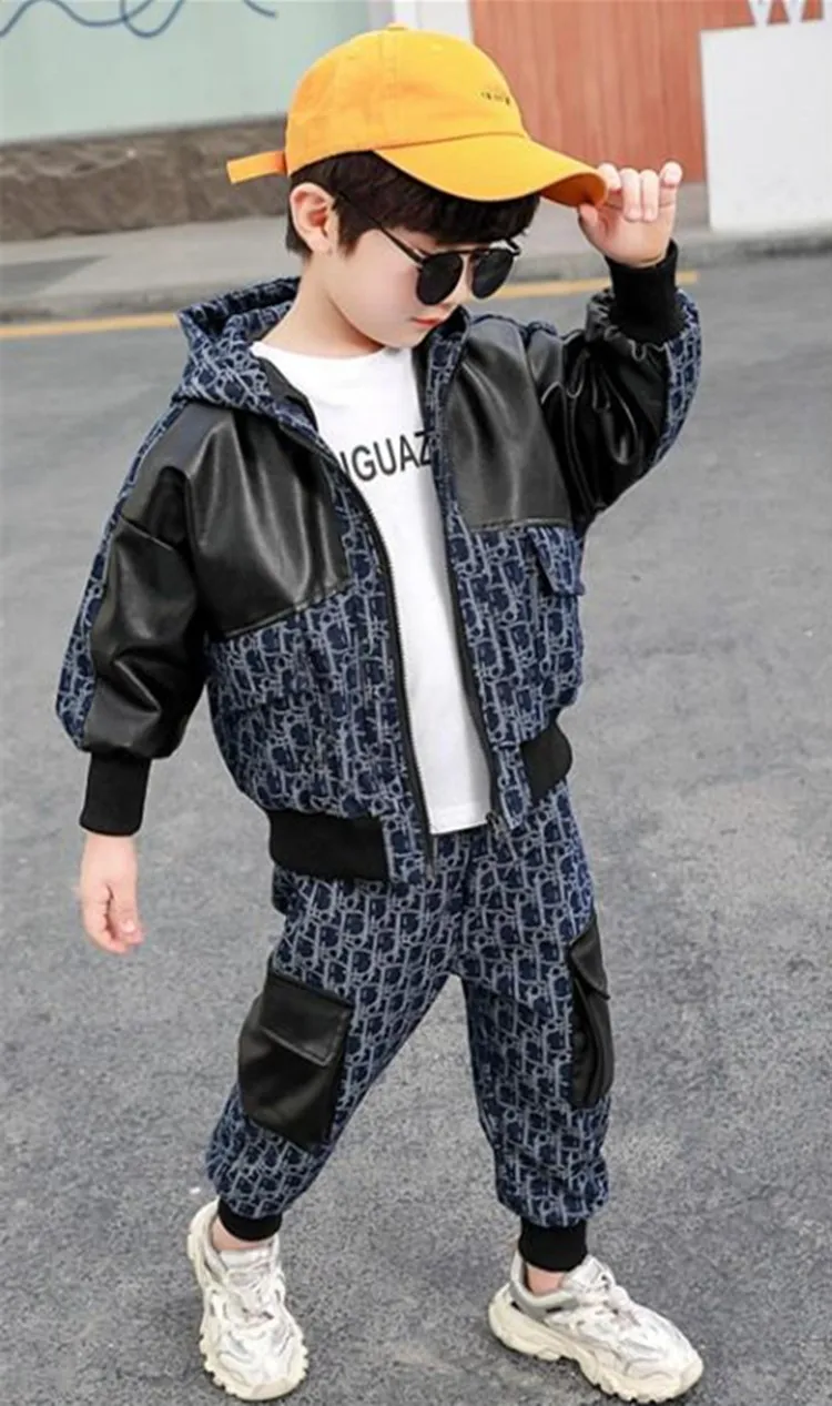 

Boys Spring Suit 2021new Denim Stitching Children's Zipper Jacket Big Pocket Trousers Korean Version of The Baby Two-piece Trend