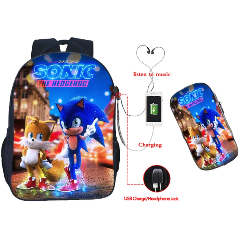 

Sonic School Bags Boys Girls Teens USB Charge Backpack Students Bookbags Child Primary Rucksack Gift(2pcs Set/backpack Pen Bag)